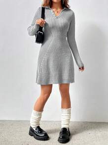 Flirla Vestido Suéter De Moda Con Cintura Ajustada - Gris - Ver 1