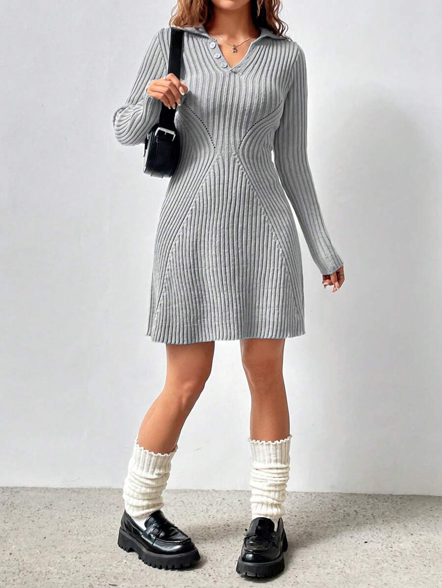 Flirla Fashionable Fitted Waist Sweater Dress - Grey - View 1
