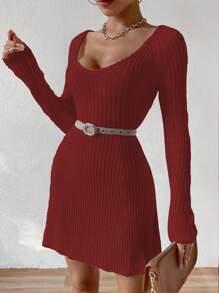 SHEIN Unity Solid Color Ribbed Knit Sweater Dress - Burgundy - View 5