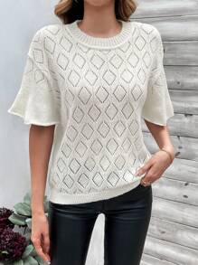 SHEIN Clasi Lolita Style Short Sleeve Round Neck Knitted Top With Hollow Out Detail - White - View 5