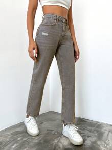 EURMUSE Women'S Straight-Leg Jeans With Washed Denim - Grey - View 5