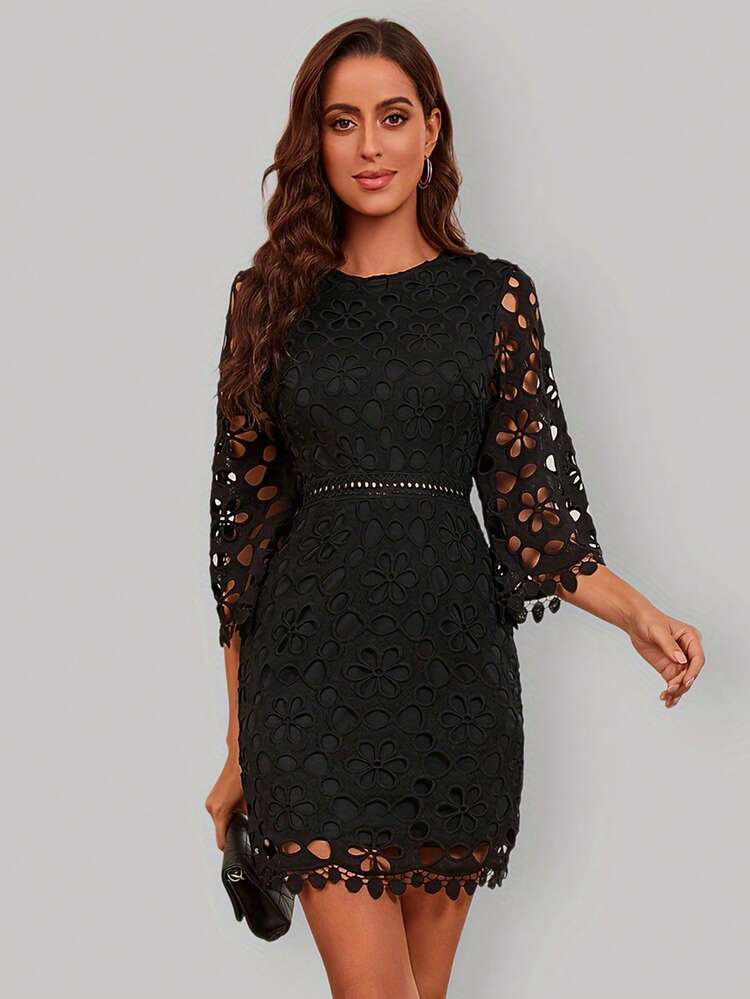 Abo Da Donna Elegante In Pizzo Solubile In Acqua Scavato Con Cravatta In Va A Sette Quarti Con Maniche A Campana Floreale Per La Primavera E L'autunno | SHEIN ALIA