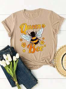 Calvaya 女士大碼字母及蜜蜂印花圓領短袖t恤 - 卡其色 - 查看 5