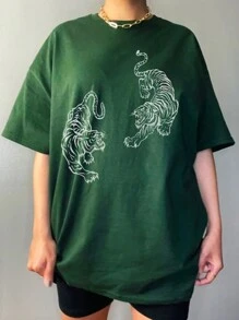 INAWLY Camiseta De Talla Grande Con Estampado De Tigre Y Hombros Caídos - Verde - Ver 1