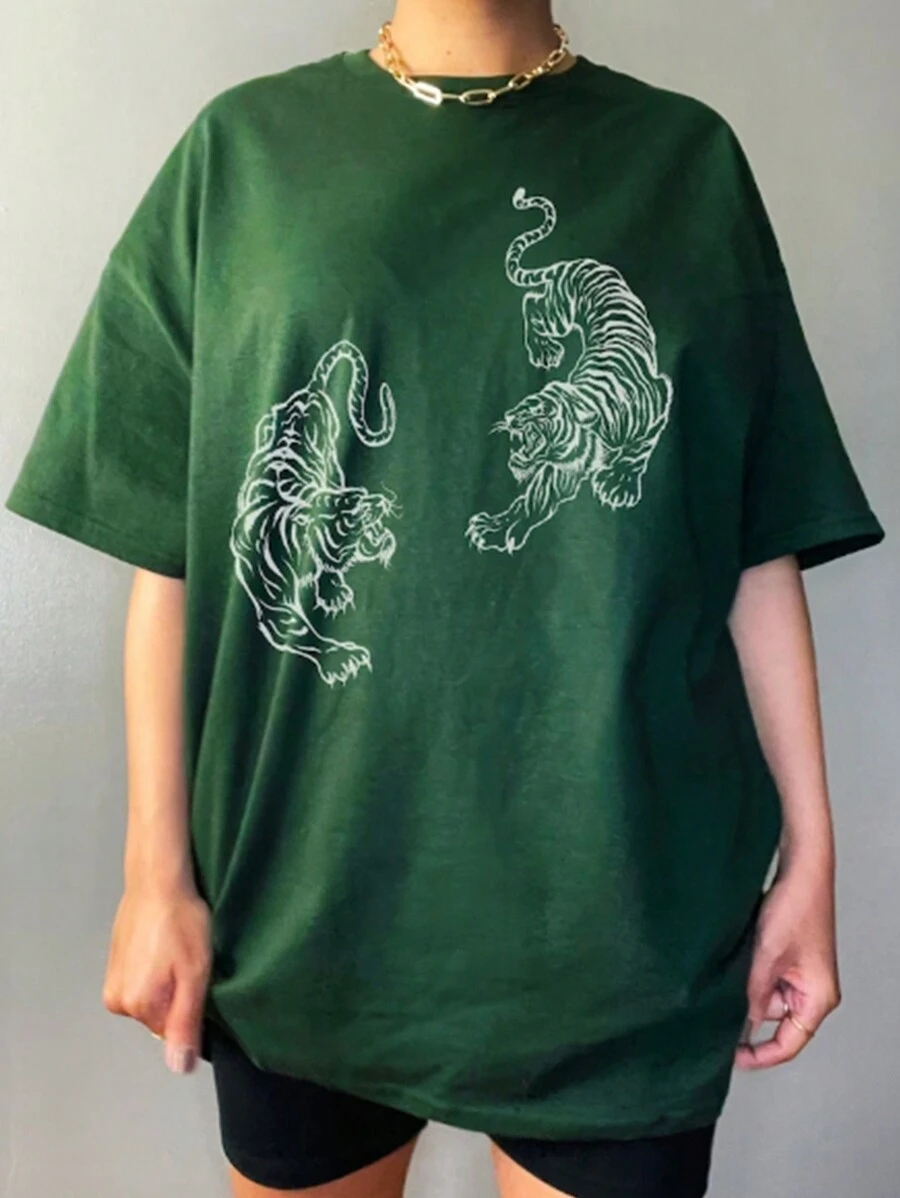 INAWLY Camiseta De Talla Grande Con Estampado De Tigre Y Hombros Caídos - Verde - Ver 1