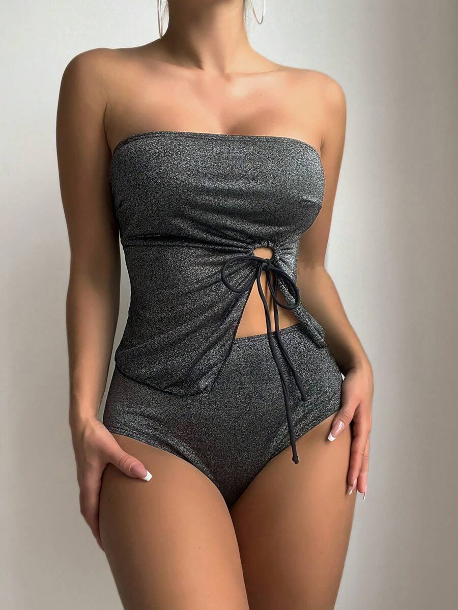 SHEIN Swim Women's Strapless Bikini Set - Black - View 1