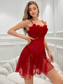 Snug Zone Camisón de vestido de pijama con parches de malla y encaje con adorno de encaje - Rojo - Ver 5