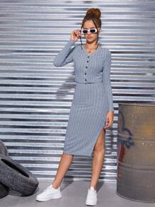 SHEIN Teen Girls' Ribbed Knit Jacket & Cami Dress Casual 2pcs Set - Baby Blue - View 4