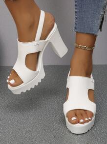 New 2024 European And American Style Strap Buckle High Heel Sandals. Stylish Thick Heel Everyday White Women's High Heel Sandals - Beige - View 5