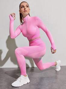 SHEIN Yoga Futuristic 2pcs Gym Outfits Set Workout Suit Zip Up Thumb & Sports Jacket Wide Waistband Tights Fit Set Workout Women Set - Pink - View 3
