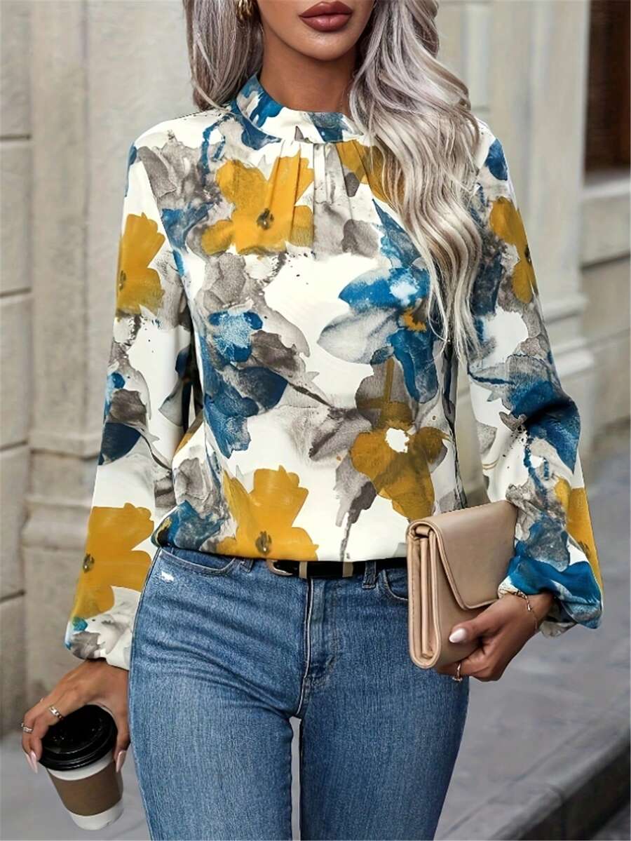 女士花卉印花灯笼袖优雅衬衫，长袖秋季 - 白色 - 查看 1