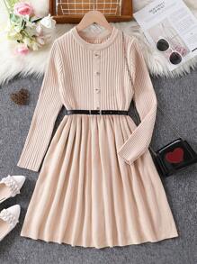 SHEIN Tween Girls' Button Embellished Round Neck Long Sleeve Sweater Dress (Belt Not Included) - Apricot - View 1