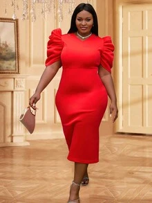 Plus Puff Sleeve Split Back Bodycon Dress - Red - View 6
