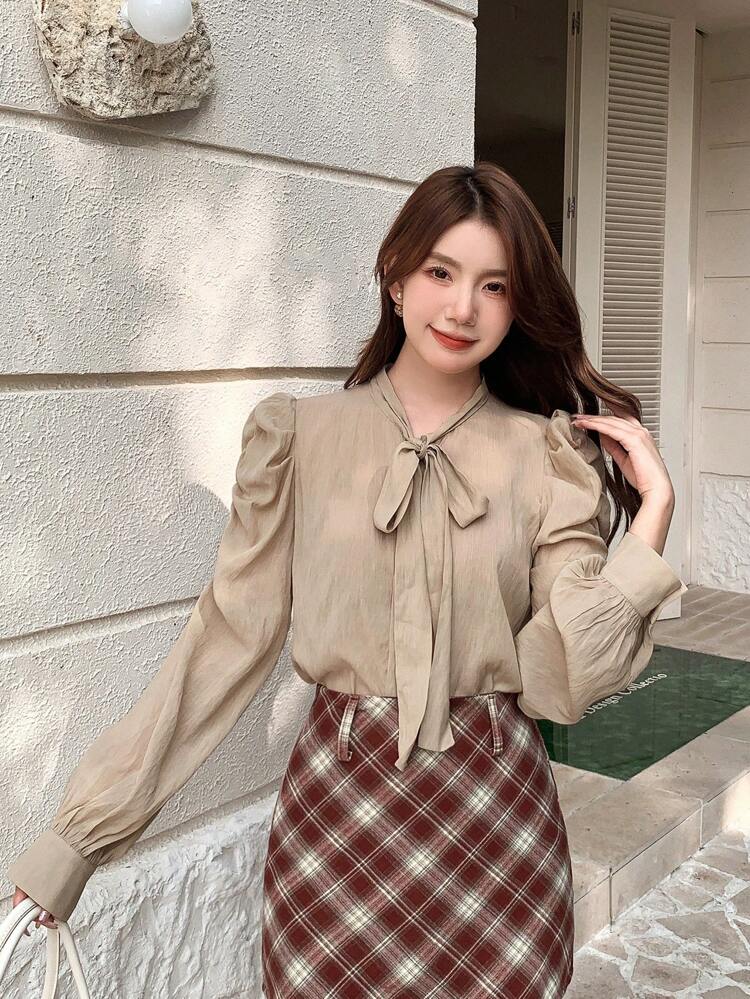Ladies' Solid Color Tie Collar Puff Sleeve Blouse,Ruffle Long Sleeve Top
