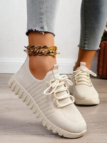 Women's Casual Sports Shoes, Breathable Decorated With Shoelaces, Beige Flat Shoes For Spring And Autumn - Beige - View 1