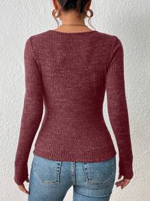 SHEIN Frenchy 女用甜心領口羅紋長袖 T 卹 - 紅色 - 查看 2