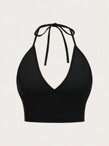 SHEIN EZwear 女士鑽石裝飾的頭骨設計綁頸上衣 - 黑色 - 查看 2