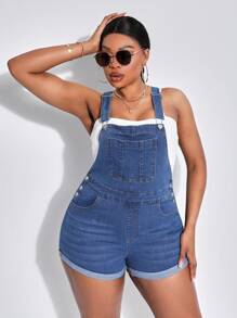 SHEIN SXY Plus Size Solid Color Bib Overalls Denim Shorts With Front Pockets - Blue - View 5