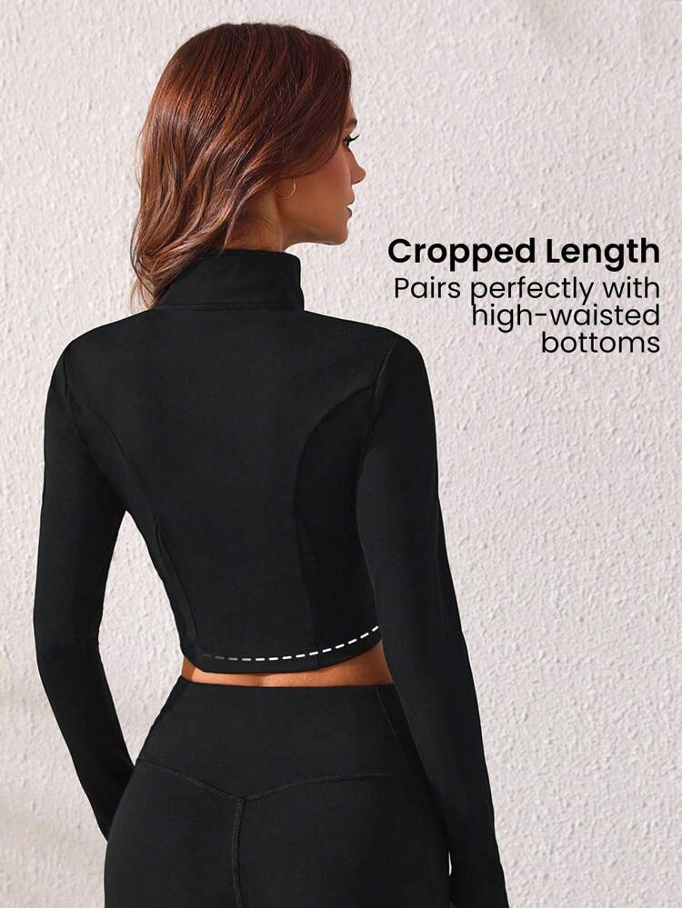 Solid Color Stand Collar Zipper Closure Long Sleeve Sports Jacket