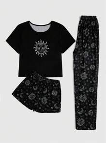 ROMWE Goth 3pcs/Set Women's Sun, Moon, Stars Digital Print Short Sleeve T-Shirt, Shorts And Pants, School