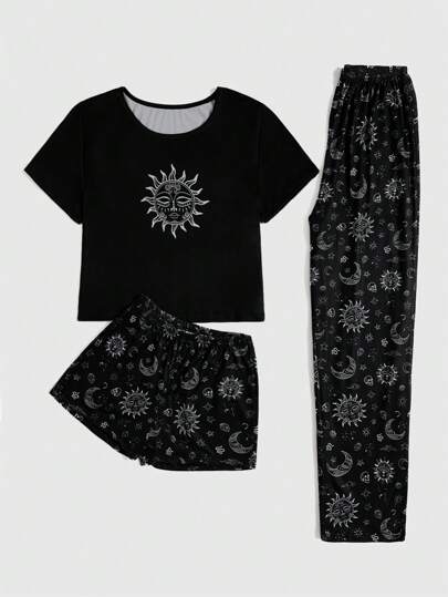 Goth 3pcs/Set Women's Sun, Moon, Stars Digital Print Short Sleeve T-Shirt, Shorts And Pants, School