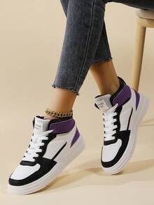 女士時尚高筒運動鞋,簡約色塊街頭風格綁帶運動鞋,舒適輕量紫黑色滑板鞋 - 黑紫色 - 查看 1