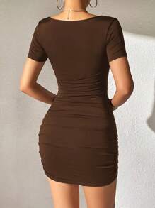 INAWLY Ladies' Drawstring Detail Hollow Out Front Dress - Khaki - View 2