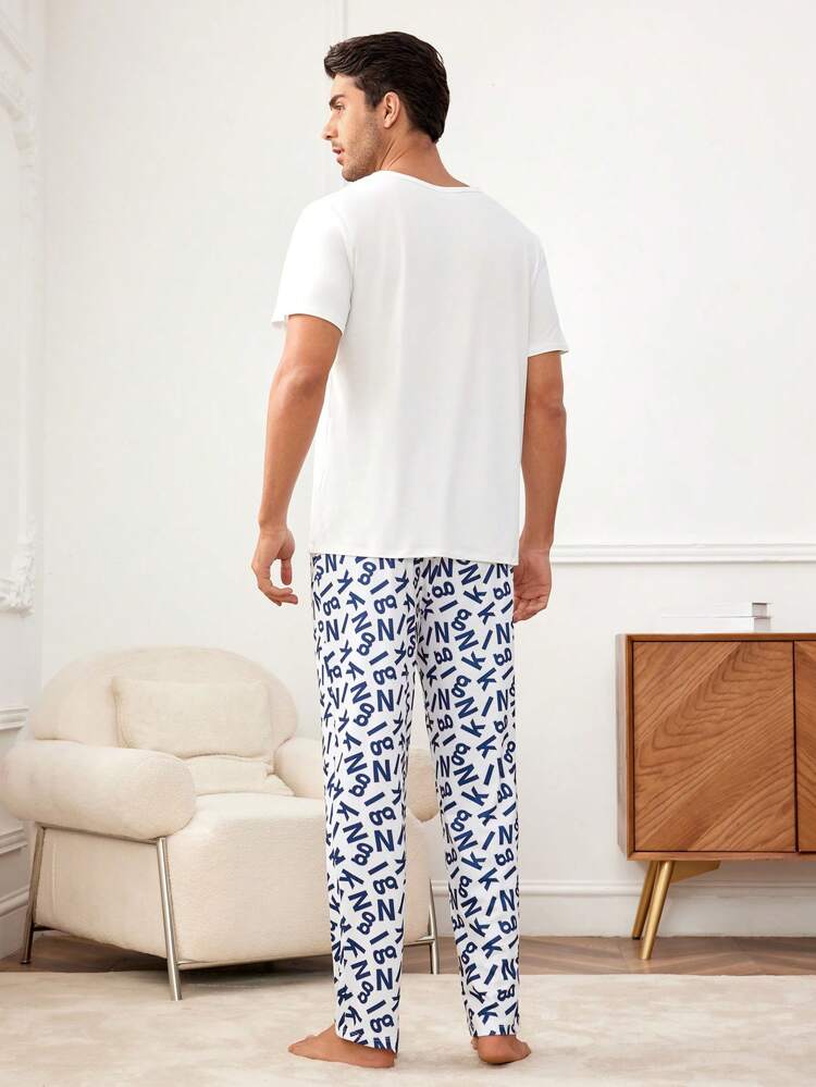 Men's Letter Print Short Sleeve T-Shirt And Sleep Shorts Homewear Set