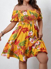 Sunnyshic 大码女式波西米亚风植物印花露肩连衣裙，适合夏季 - 黃色 - 查看 1