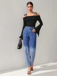 Oxana Designer Women's Cold Shoulder Black Top With Slit Flare Sleeves And Off Shoulder, For Holiday, Vacation, Spring, Spring, Going Out, Festival, Ibiza Fits - Black - View 3