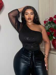 Slaydiva 大尺碼單肩閃亮亮片拼接透明網紗連身衣,單色款式 - 黑色 - 查看 2