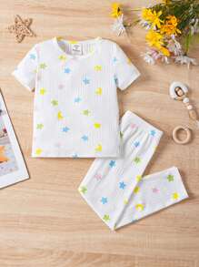 SHEIN 少女針織星紋圓領上衣和緊身褲套裝,適合家居休閒穿著 - 彩色 - 查看 1