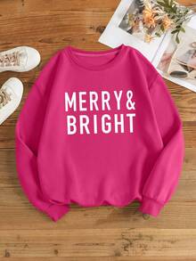 SHEIN EZwear 大尺寸字母印花圓領套頭衫 - 玫紅色 - 查看 3