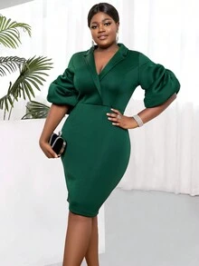 Plus Lapel Neck Puff Sleeve Bodycon Dress - Dark Green - View 5
