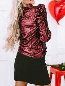 Astylish Classi Glitter Burgundy Mock Neck Ruched Puff Sleeve Sequin Top - Burgundy - View 4