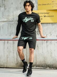 Manfinity Fitness Men's Letter Print Sports Suit, Athletic Suit, Tracksuit Workout Set Gym Set Workout Set - Black - View 6