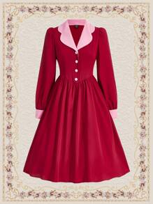 Vintamour Women's Vintage Color Block High Neck Dress - Burgundy - View 1