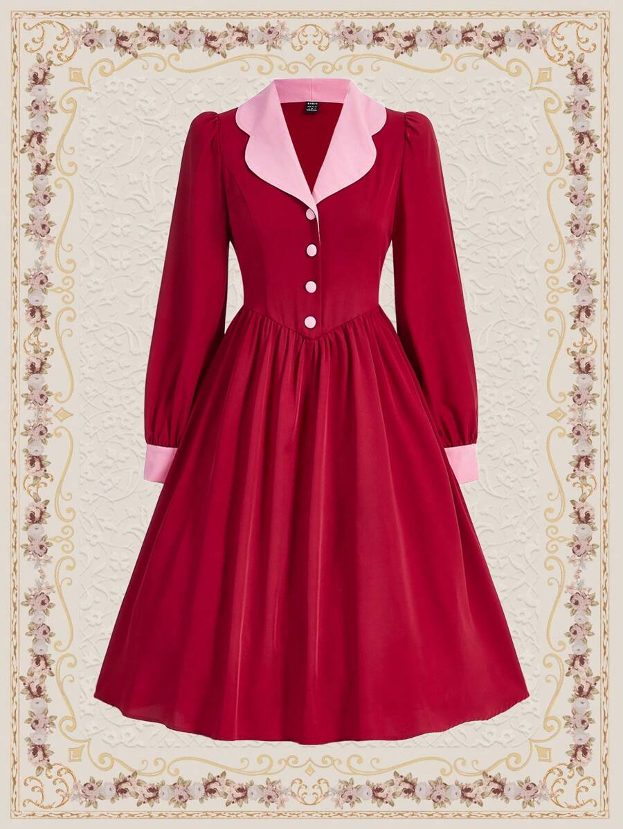 Vintamour Women's Vintage Color Block High Neck Dress - Burgundy - View 1