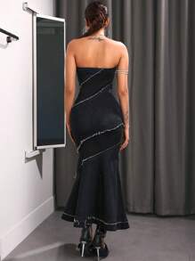 SHEIN ICON Women's Water Wash Fish Tail Off Shoulder Denim Dress With Frayed Detail - Blue - View 2