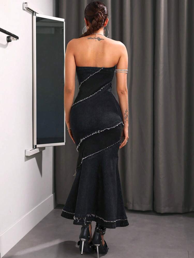 Women's Water Wash Fish Tail Off Shoulder Denim Dress With Frayed Detail