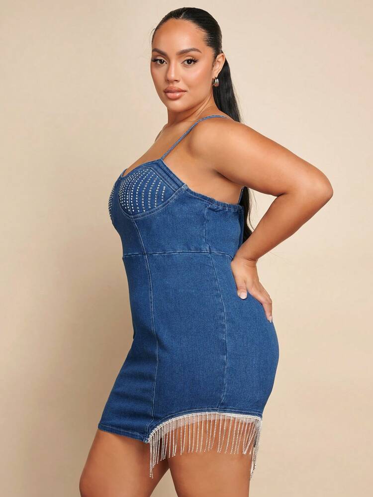 Plus Size Rhinestone Detail Fringed Hem Strappy Denim Dress