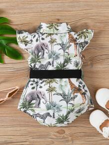 Baby Girl Stylish Vacation Style Turn Down Collar Animal & Plant Print Bodysuit With Belt, Vintage Simple Design For Spring And Summer - Multicolor - View 2