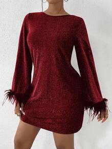 Zolique Của phụ nữ 	
Fuzzy Cổ tay áo Vòng cổ Đầm Áo len - Màu Đỏ Sâu - Xem 3