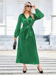 SHEIN Privé Women's Solid Color Lantern Sleeve Wrap Belted Dress
