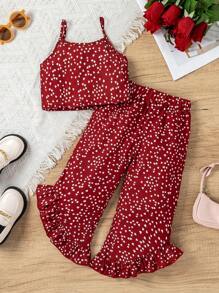 SHEIN Toddler Girls' Red Heart Pattern Printed Cami Top And Shorts Set - Red - View 1