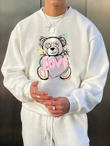 Manfinity Hypemode 男士卡通熊＆字母圖形舒適休閒寬鬆圓肩運動衫 - 白色 - 查看 1