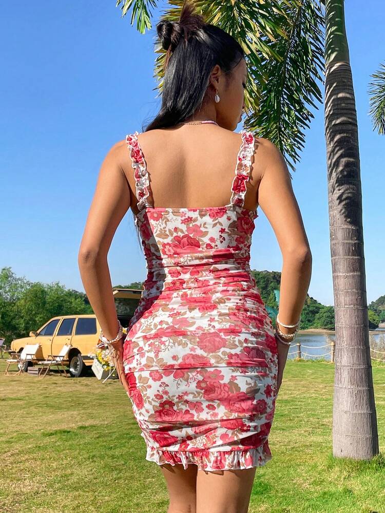 Women's Floral Printed Pleated Slim Fit Spaghetti Strap Vacation Dress