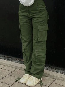 GILIPUR Pantalones cargo casuales de mujer con bolsillo lateral con solapa - Verde militar - Ver 1