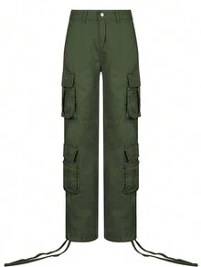 GILIPUR Pantalones cargo casuales de mujer con bolsillo lateral con solapa - Verde militar - Ver 5