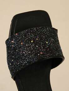 情人节新品闪亮女士平底凉鞋，黑色亮片系带鞋 - 黑色 - 查看 3